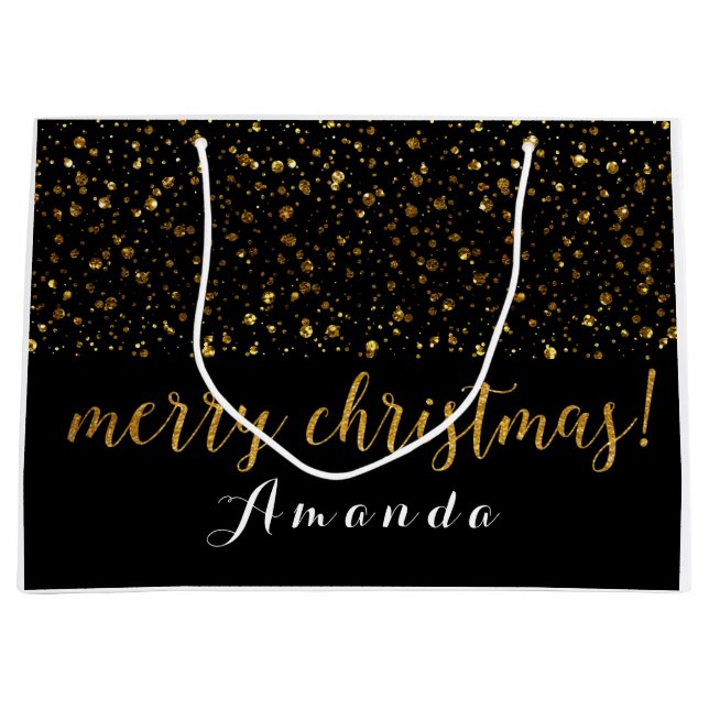 Goldener Glitzer Schwarz-weiß Frohe Weihnachten Große Geschenktüte (Vorderseite)