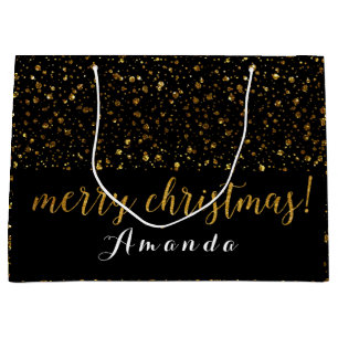 Goldener Glitzer-Schwarz-weiße frohe Weihnachten Große Geschenktüte