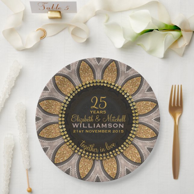 Goldener Glitzer Sonnenblume Modernes Jubiläum Pappteller (Hochzeit)