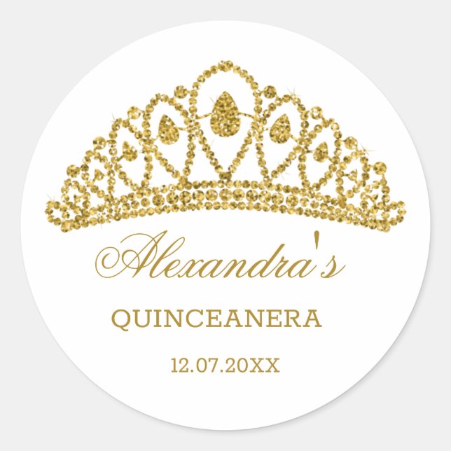 Goldener Glitzer Tiara Quinceanera Runder Aufkleber (Vorderseite)