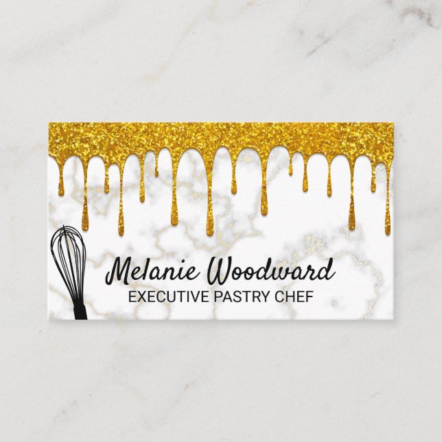 Goldener Glitzer Tropfen | Goldmarmor und Whisk Visitenkarte (Vorderseite)