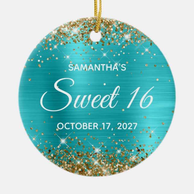 Goldener Glitzer Türkis Blauer Foil Sweet 16 Keramik Ornament (Vorne)