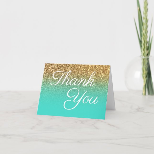 Goldener Glitzer Turquoise Ombre Elegante Calligra Dankeskarte (Vorderseite)