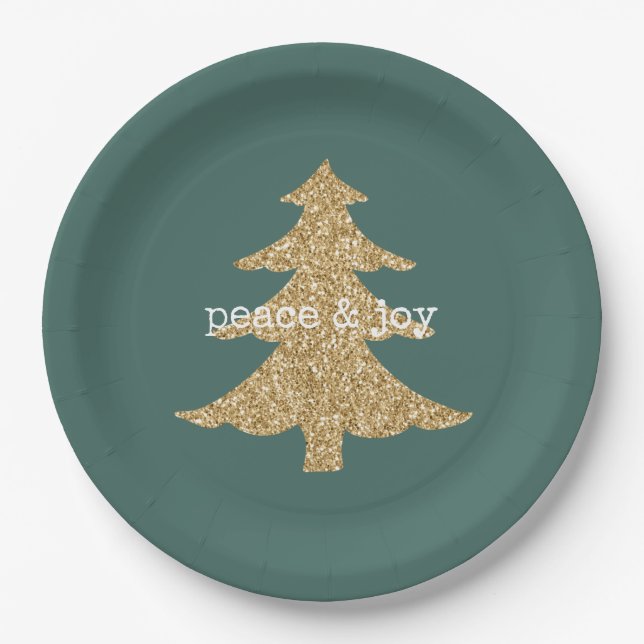 Goldener Glitzer Weihnachtsbaum Pine Green Peace Pappteller (Vorderseite)