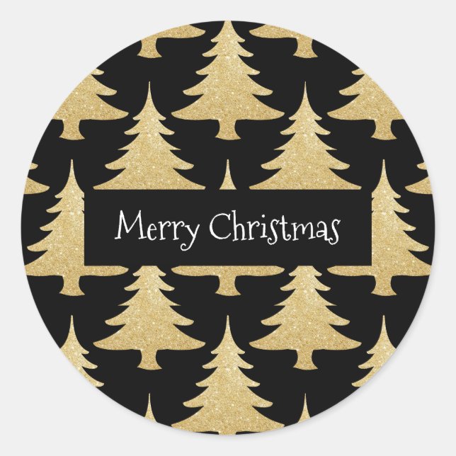 goldener Glitzer Weihnachtsbaummuster schwarz Runder Aufkleber (Vorderseite)