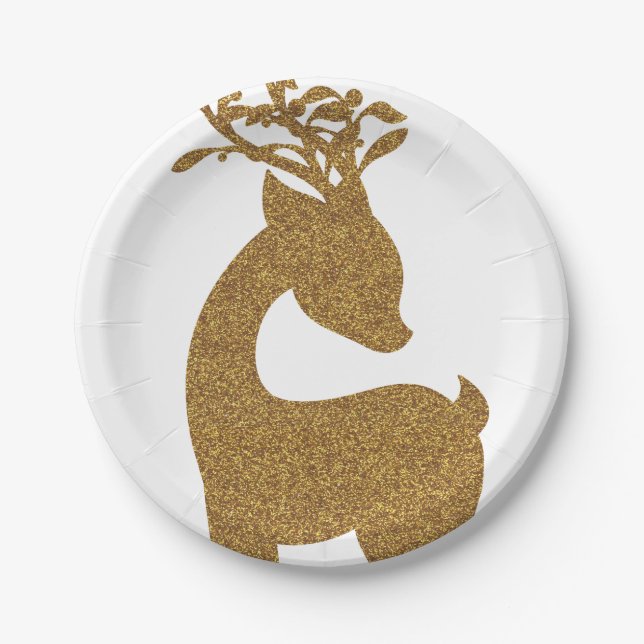 Goldener Glitzer Weihnachtsfest im Rentierfest Pappteller (Vorderseite)