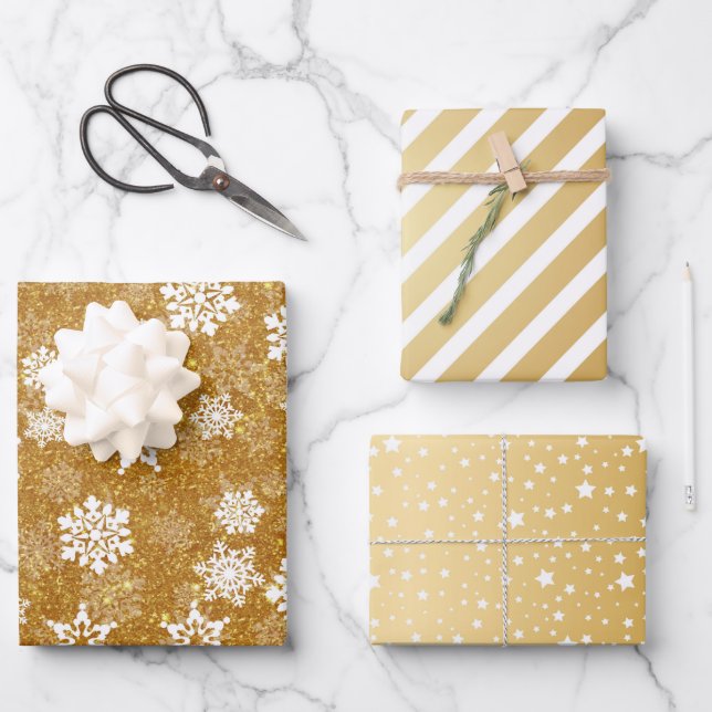 Goldener Glitzer Weiße Schneeflocken Geschenkpapier Set (Vorderseite)