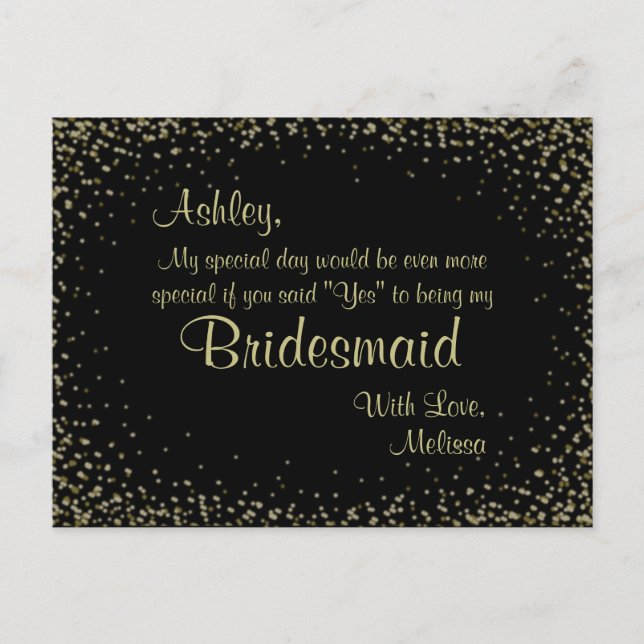 Goldener Glitzer - Werden Sie meine Bridesmaid sei Einladungspostkarte (Vorderseite)