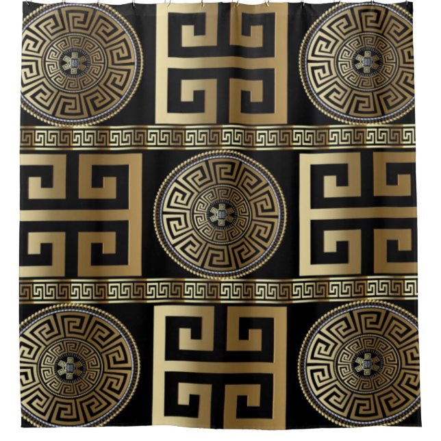 Goldener griechischer Schlüssel Duschvorhang (Vorderseite)