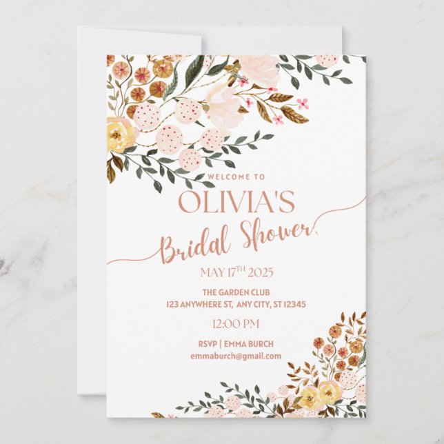 Goldener Herbst Botanicals Bridal Dusche Einladung (Vorderseite)
