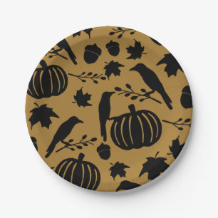 Goldener Herbst Orange Gelb Schwarze Krähe Kürbis Pappteller
