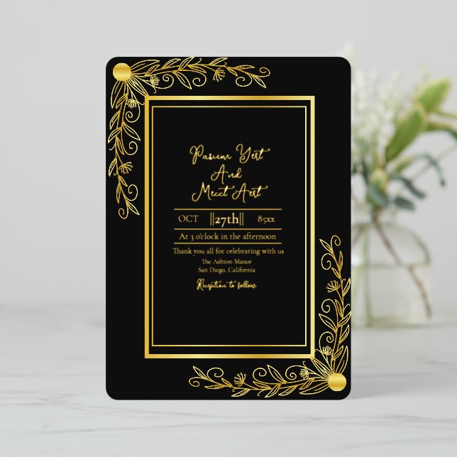 Goldener Hintergrund Hochzeit Golden Foil Folieneinladung (Stehend vorne)