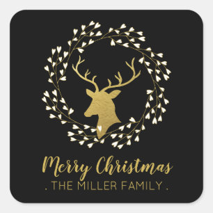 Goldener Hirsch & Kranz Weihnachtssticker Quadratischer Aufkleber