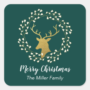 Goldener Hirsch & Kranz Weihnachtssticker Quadratischer Aufkleber