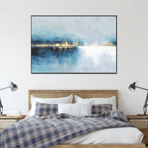 Goldener Horizont Abstrakt in Blau & Weiß Kunst Leinwanddruck