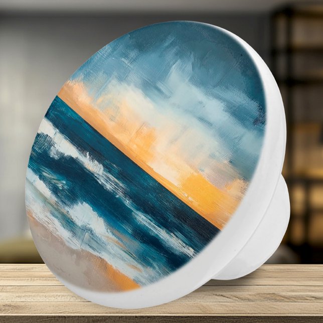 Goldener Horizont - Abstrakte Küste Keramikknauf (Ceramic Knob - Abstract Artsy Painted Coastal Water and Golden Horizon - Accent for Any Room)