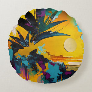 Goldener Horizont – Abstrakter tropischer Sonnenun Rundes Kissen