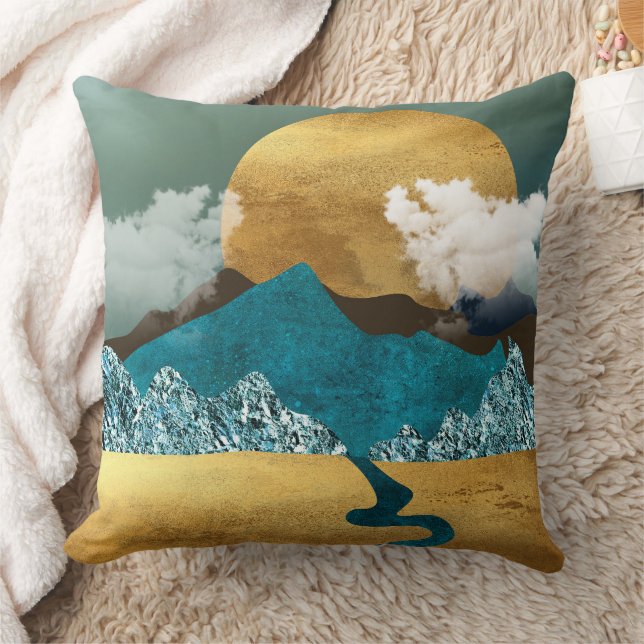 Goldener Horizont mit blauen Bergen Kissen (Decke)