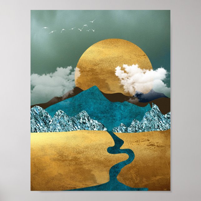 Goldener Horizont mit blauen Bergen Poster (Vorne)