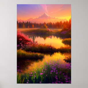Goldener Horizont, schlafender Vulkan und orangefa Poster
