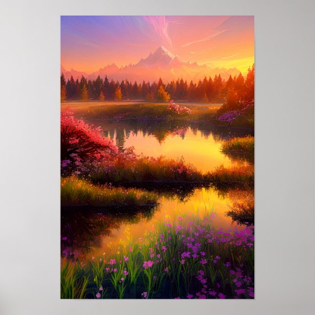 Goldener Horizont, schlafender Vulkan und orangefa Poster (Vorne)