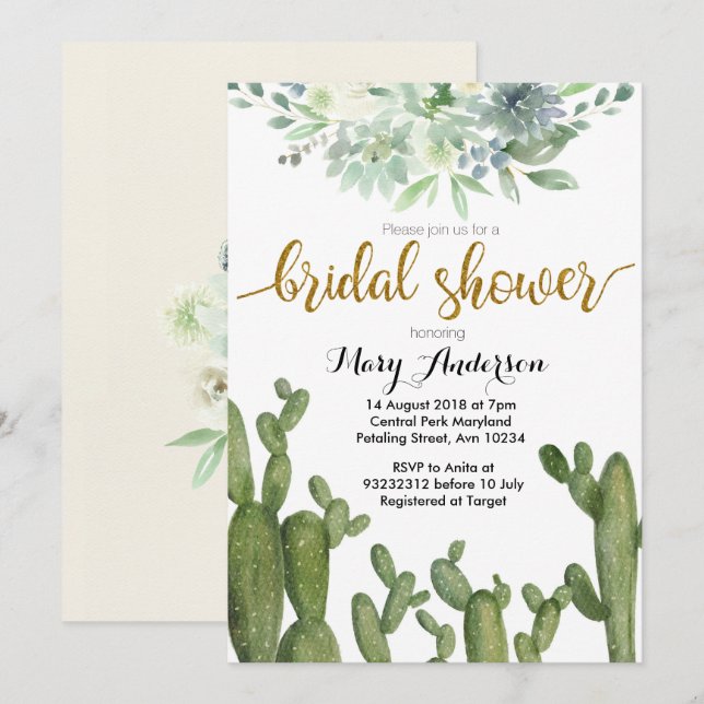 Goldener Kaktus Bridal Dusche Einladung Sukkulent (Vorne/Hinten)