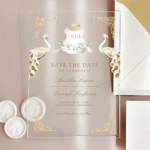 Goldener Kamm Weißer Pfau Hochzeit Terminankündigu Acryleinladungen