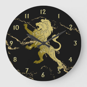Goldener Königslöwe auf schwarzem Marmor mit golde Große Wanduhr