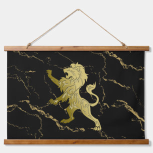 Goldener Königslöwe Schwarzer Marmor Wandteppich Mit Holzrahmen