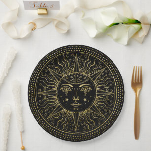 Goldener Kosmos Elegantes Gold Sun Face auf schw Pappteller
