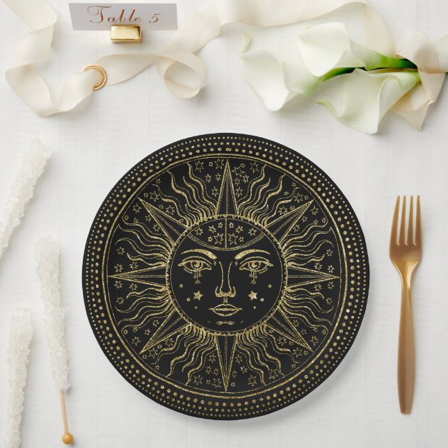 Goldener Kosmos | Elegantes Gold Sun Face auf schw Pappteller (Hochzeit)