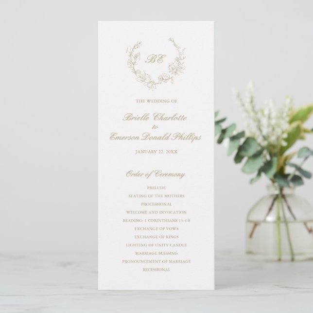 Goldener Kranz Monogramm Elegante Hochzeit Programm (Stehend Vorderseite)
