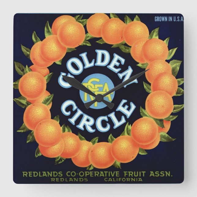 Goldener Kreis-Marken-Orangen-Kisten-Aufkleber Quadratische Wanduhr (Vorderseite)