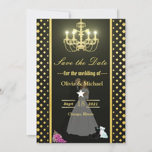 Goldener Kronleuchter Save The Date (Vorderseite)