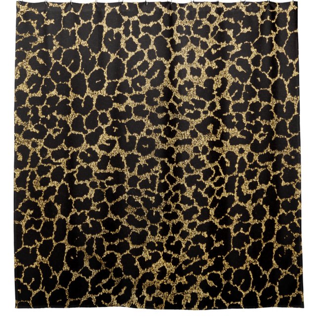 Goldener Leopard: Schwarzer Stoff Luxus. Duschvorhang (Vorderseite)