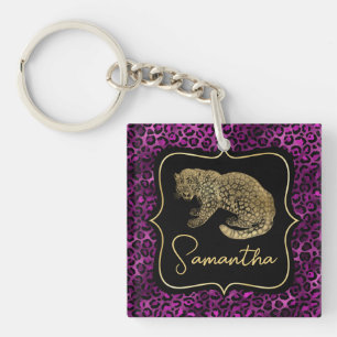 Goldener Leopard und Violetter Leoparden Druck Schlüsselanhänger