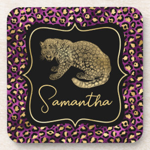 Goldener Leopard und Violetter Leopardendruck Getränkeuntersetzer