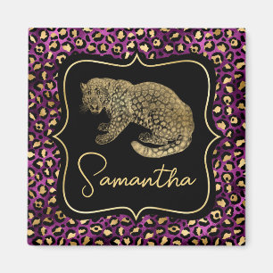 Goldener Leopard und Violetter Leopardendruck Magnet
