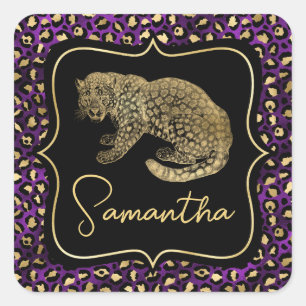 Goldener Leopard und Violetter Leopardendruck Quadratischer Aufkleber