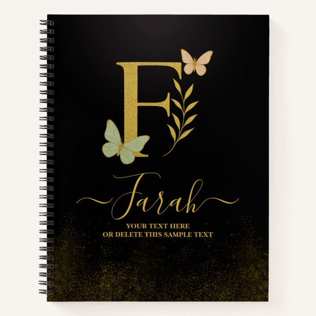 Goldener Letter F Butterfly Notebook-Abdeckung Notizbuch (Vorderseite)