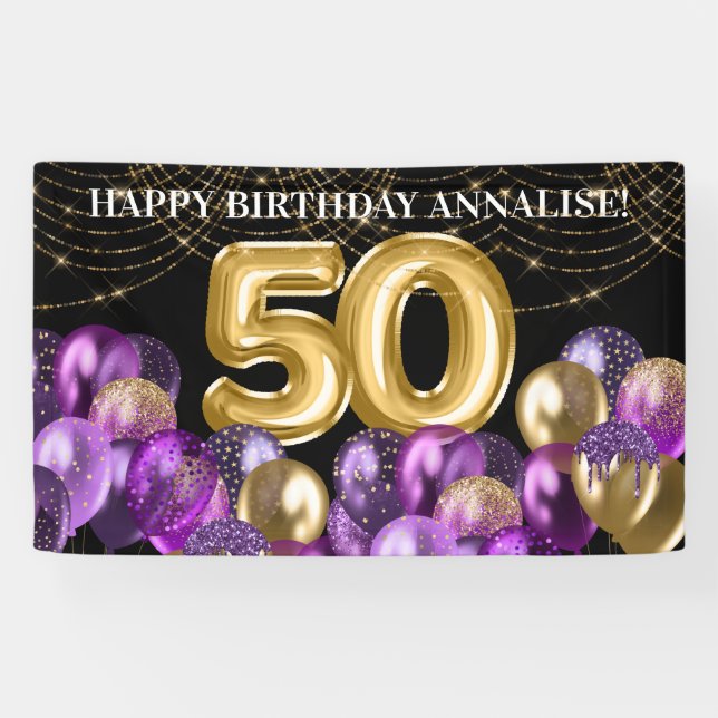 Goldener Lila Glitzer Balloons 50. Geburtstag Banner (Horizontal)