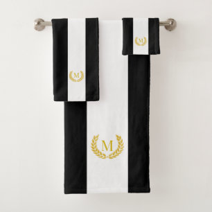 Goldener Lorbeer & Monogramm auf schwarz-weiß gest Badhandtuch Set