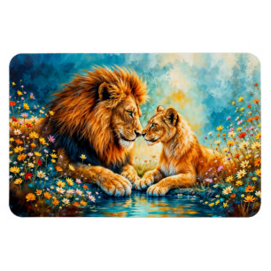 Goldener Löwe Löwin farbenfrohe Wildblumen Magnet