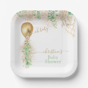 Goldener Luftballon Eukalyptus Glitter Baby Shower Pappteller