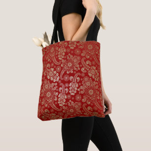 Goldener Luxus-Paisley auf Rubinrotem Hintergrund Tasche