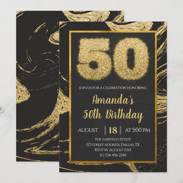 Goldener Marmor 50. Geburtstag Einladung (Vorne/Hinten)