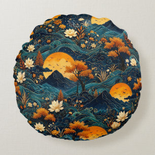 Goldener Mond Berg Nachthimmel Lotos Blumenmuster Rundes Kissen