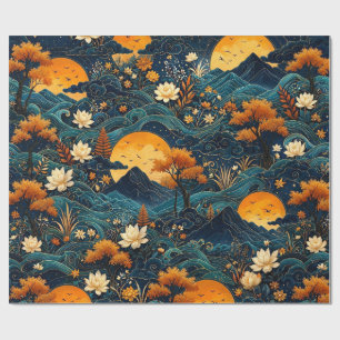 Goldener Mond Berg Nachthimmel Lotus Blumenmuster Geschenkpapier