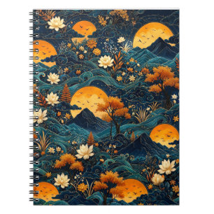 Goldener Mond Berg Nachthimmel Lotus Blumenmuster Notizblock