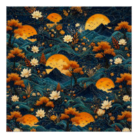 Goldener Mond Berg Nachthimmel Lotus Blumenmuster